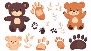可爱小熊及爪印装饰元素