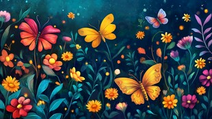 梦幻花丛中的蝴蝶飞舞