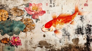 水墨锦鲤伴繁花图