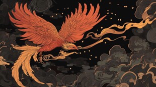 夜空中展翅翱翔的火凤凰