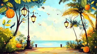 秋日海滨浪漫林荫小道