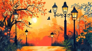 秋日黄昏路灯下的诗意景致