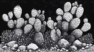 黑白仙人掌石景艺术画