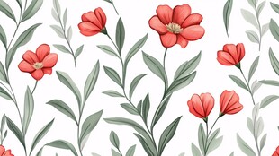 红色花卉绿叶无缝图案