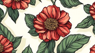 手绘红花绿叶花卉图案