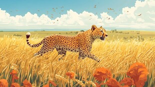 草原猎豹驰骋绽放花海间