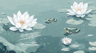 荷塘蛙趣 白荷浮水