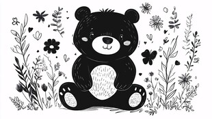 小熊坐于花草间的可爱插画