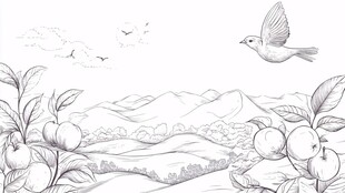 田园飞鸟与硕果素描图