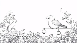 小鸟栖枝伴繁花与月