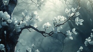 雾中绽放的玉兰花枝
