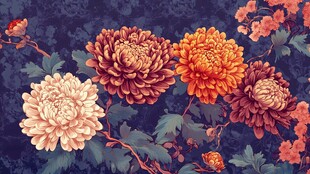 复古风多彩菊花花卉图案