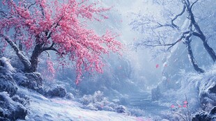 雪境中的烂漫粉花树