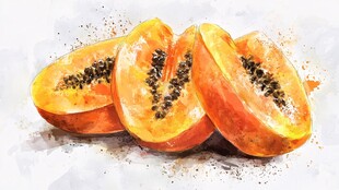 水彩绘木瓜切片特写