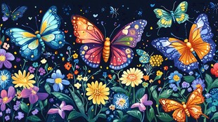 梦幻蝴蝶花卉夜之绘景