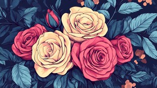 艳丽玫瑰与绿叶插画图案