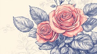 手绘粉色玫瑰与叶片图案