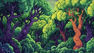 奇幻森林中的多彩树木景观