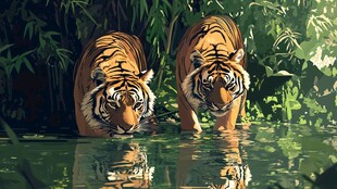 双虎漫步于幽森水畔