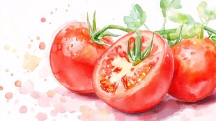 水彩绘新鲜番茄特写