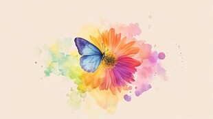 水彩绘花朵上的蓝色蝴蝶