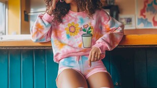 少女穿着彩色印花卫衣短裤