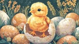 破壳小鸡与多彩鸡蛋场景