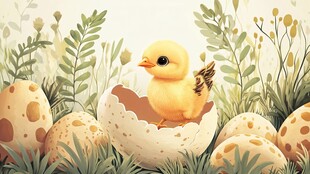 破壳小鸡在绿植与蛋间