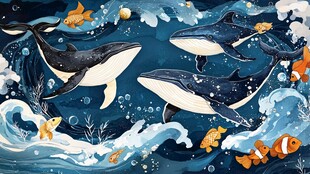 海洋鲸鱼与多彩鱼类共舞