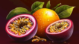 切开的百香果与橙子