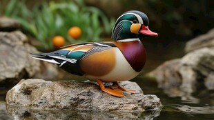 多彩鸳鸯立于石上