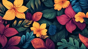 热带花卉与叶片绚丽图案