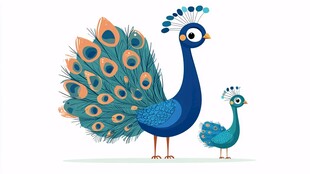 大孔雀与小孔雀可爱插画