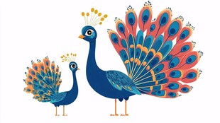 两只绚丽孔雀插画图