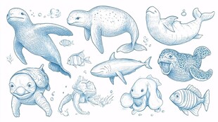 海洋动物手绘插画集合