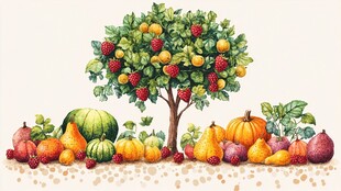 果树下的多彩丰收果实