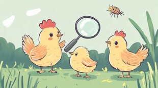 母鸡带小鸡观察小虫