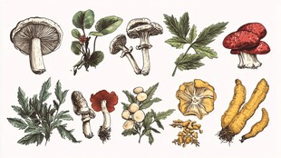 手绘多彩蘑菇与植物图鉴