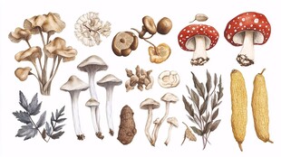 多样菌类与植物插画展示