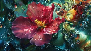 梦幻水滴中的艳丽花朵