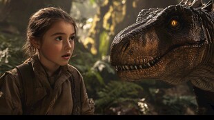 女孩与恐龙的奇妙对视