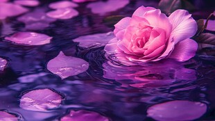 水中粉玫瑰与散落花瓣