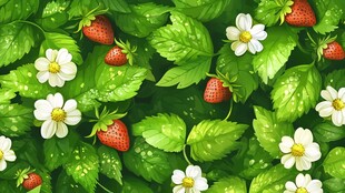 草莓花卉绿叶无缝图案