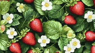 草莓花卉绿叶无缝图案