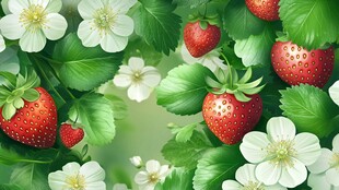 草莓花朵绿叶的清新画面