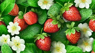 草莓花朵绿叶的清新画面