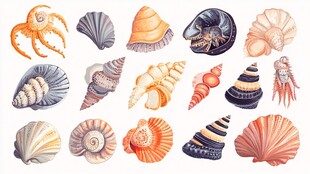 水彩风海洋贝壳与章鱼集合