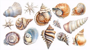 多彩贝壳与海星水彩插画