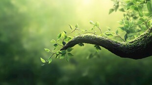 翠绿树枝伸展于光影间