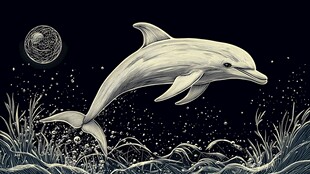 月夜下跃出海面的海豚